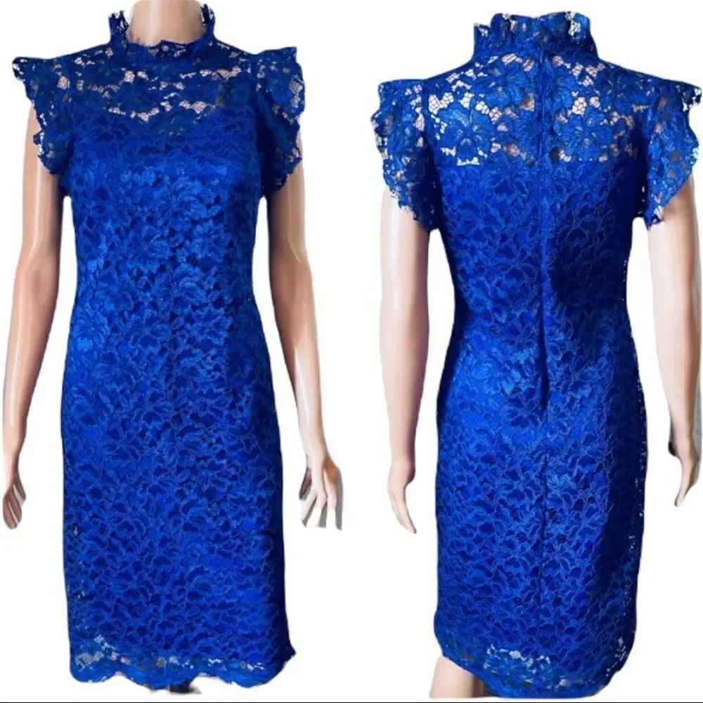 ENFOCUS Royal Blue Ruffle Cap Sleeve Lace Dress Size 4